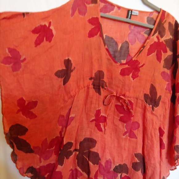 Winter Sun orange fall leaves 100% linen butterfly sleeve Medium - Picture 4 of 9